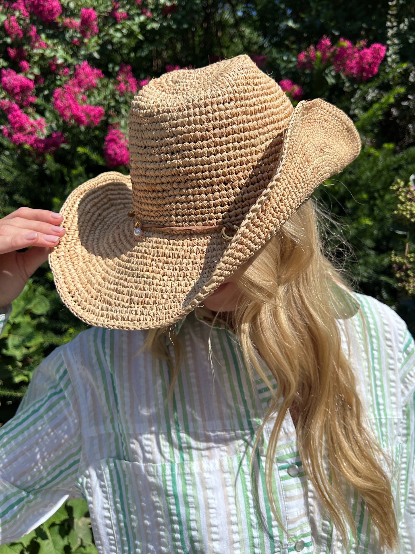 Phuket Straw Hat with Leather & Faux Pearl Trim