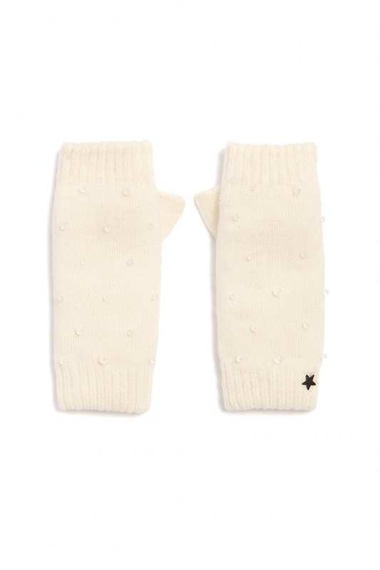 Ivory Fingerless Mittens w Crystal Beads