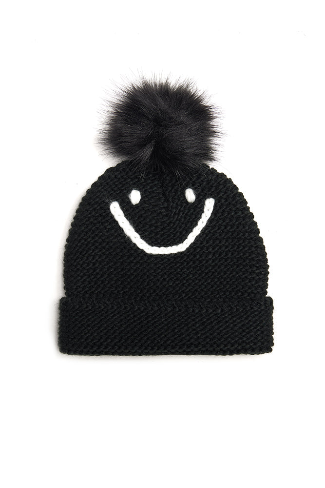 Ski Bunny Black Acrylic Hat w/2-Pom Poms | Women's Winter Hat Black/Blue