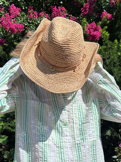 Phuket Straw Hat with Leather & Faux Pearl Trim