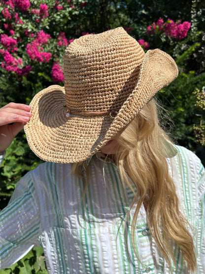 Phuket Straw Hat with Leather & Faux Pearl Trim