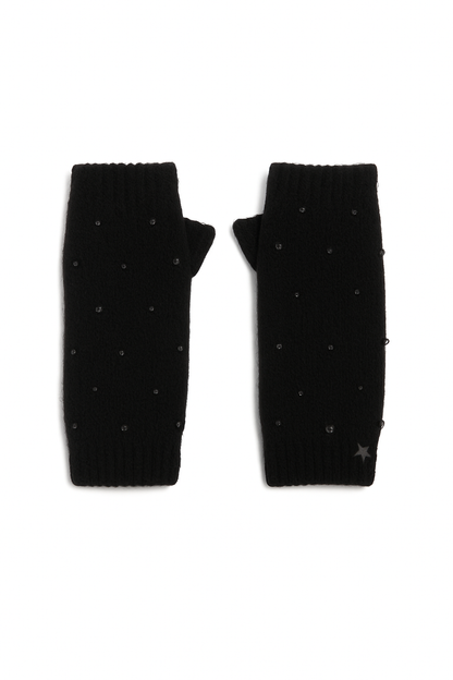 Black Fingerless Mittens w Crystal Beads