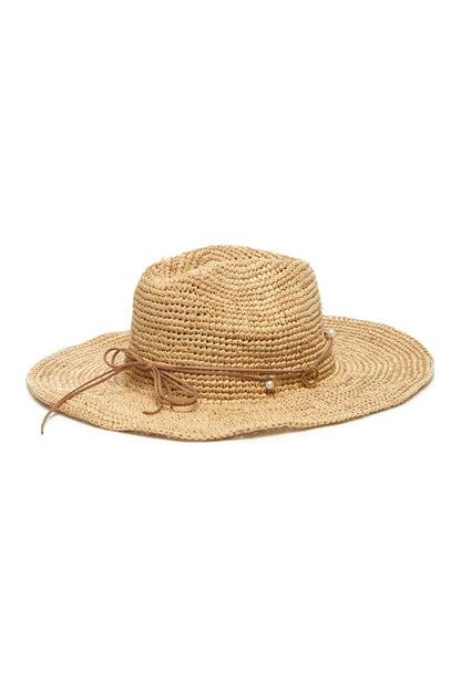 Phuket Straw Hat with Leather & Faux Pearl Trim